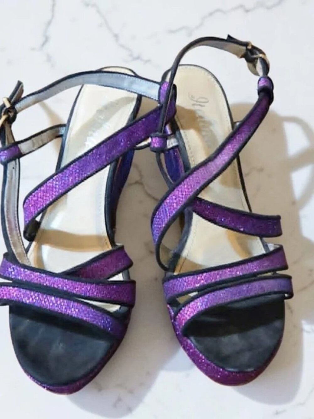 Gold & Purple Sparkly Chunky Strappy High Heels - Italina
